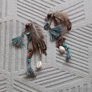 Bohemian Teal Tassel & Feather Dangle Earrings